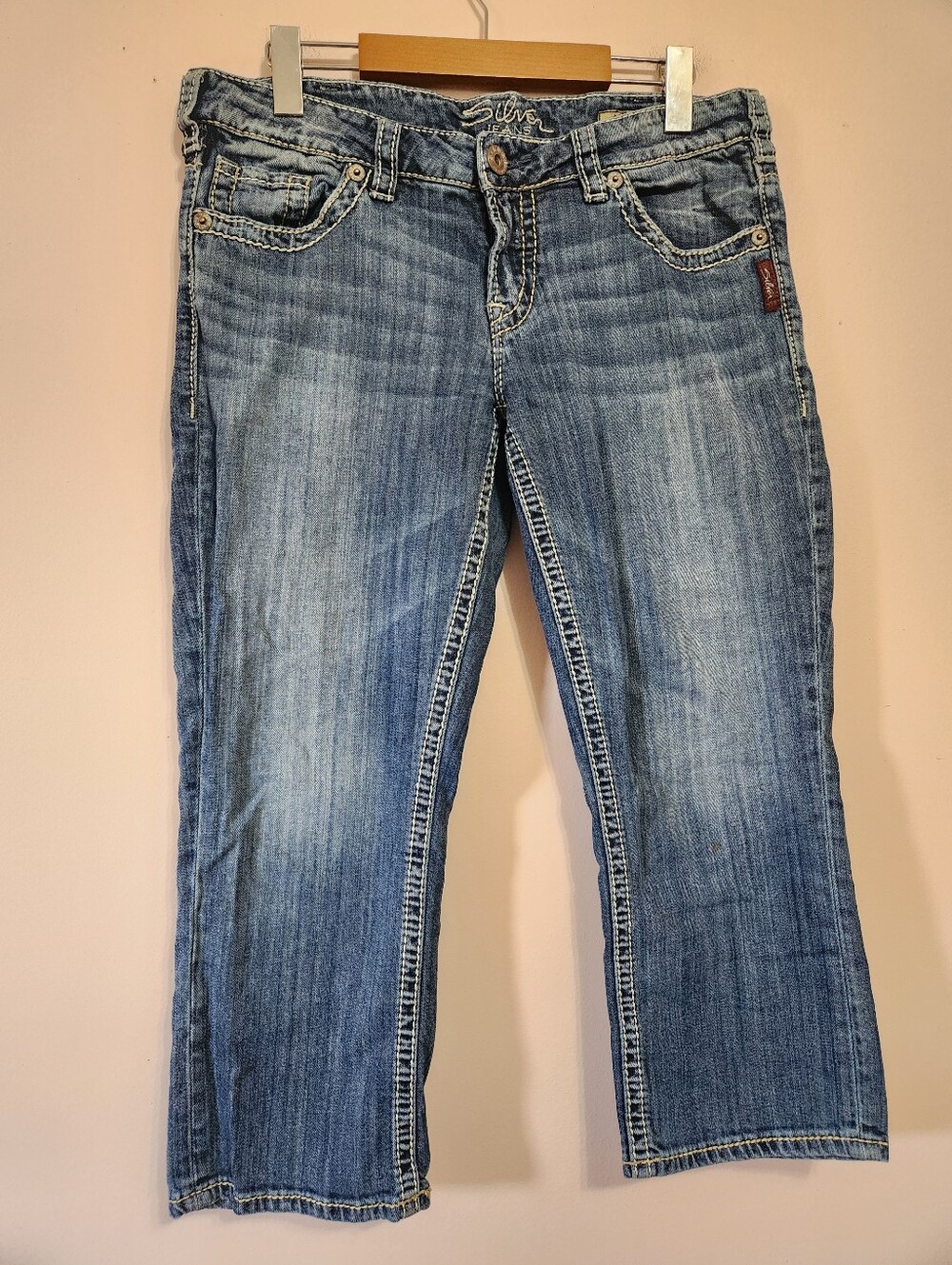 Silver Jeans Co Aiko Capri Blue Denim Contrast Stitch Mid Rise Y2K Size 31